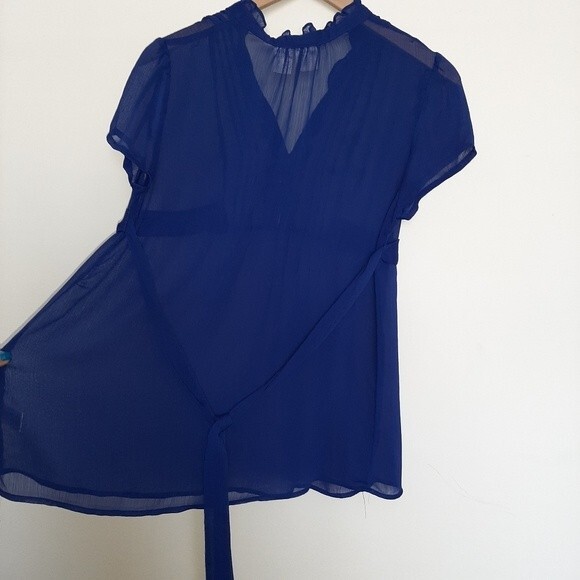 Duo Maternity Blue Sheer Blouse Tunic Top Tie Waist Belt Size Medium - Picture 8 of 8